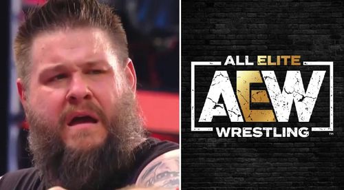 Kevin Owens on RAW; the AEW logo