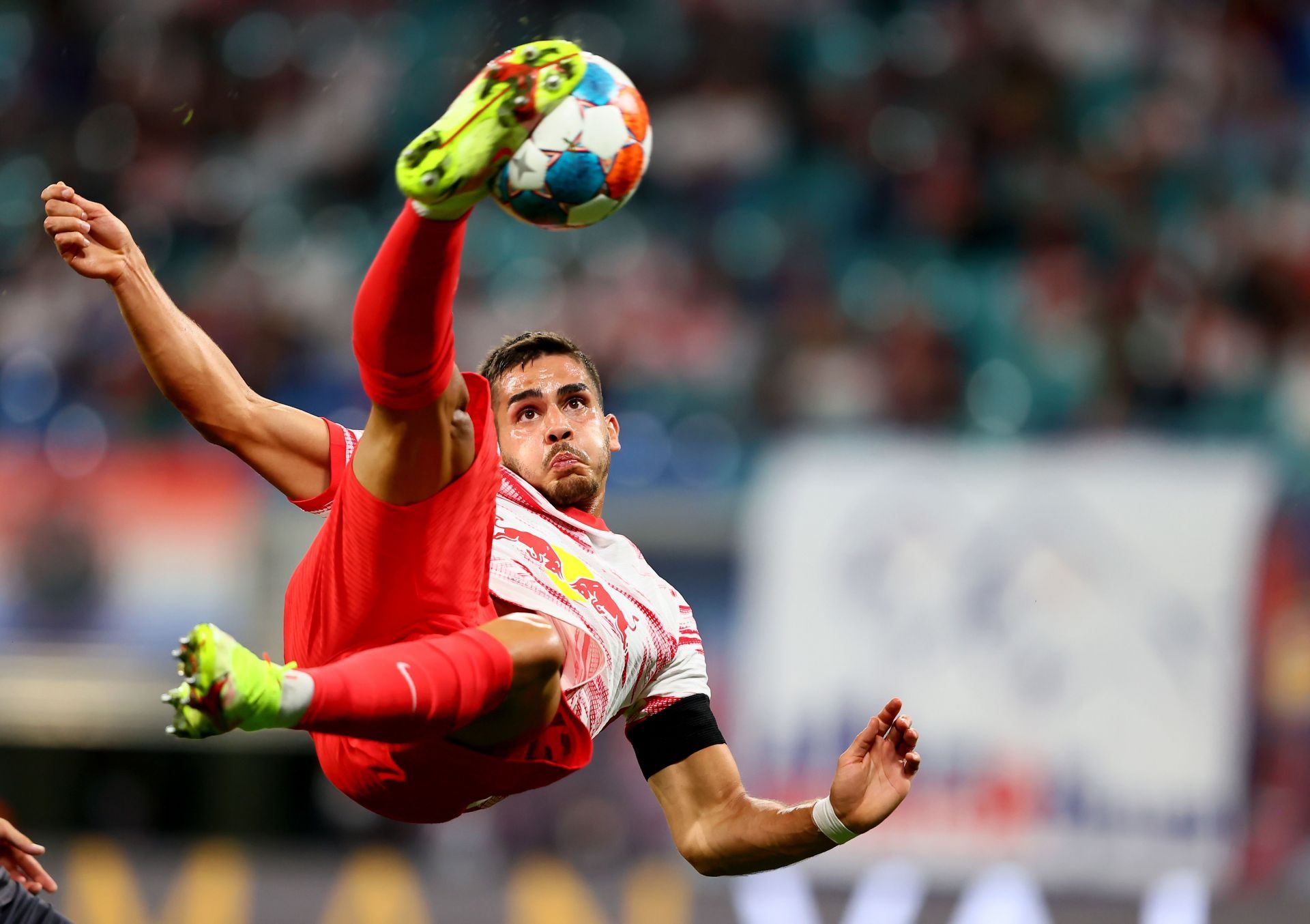 Andre SIlva with an acrobatic attempt during RB Leipzig v VfB Stuttgart in the Bundesliga