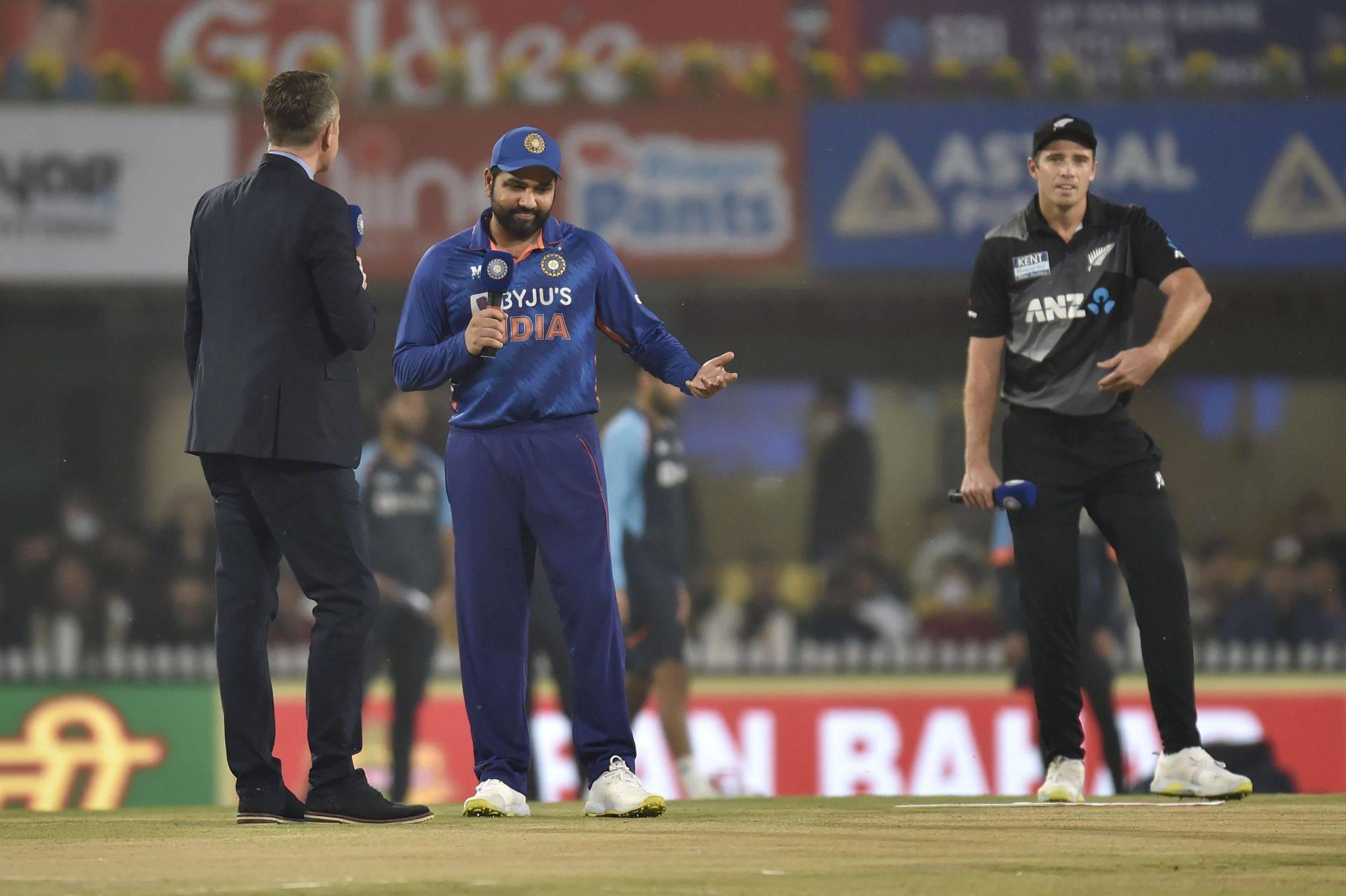 Rohit Sharma and Tim Southee ahead of the toss during the T20I series. Pic: Getty Images