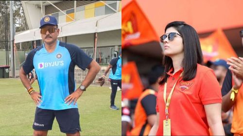 Ravi Shastri (L) could join Sunrisers Hyderabad as the team's new head coach; SRH owner Kaviya Maran (R)  (Image Source: Instagram/IPLT20.com)