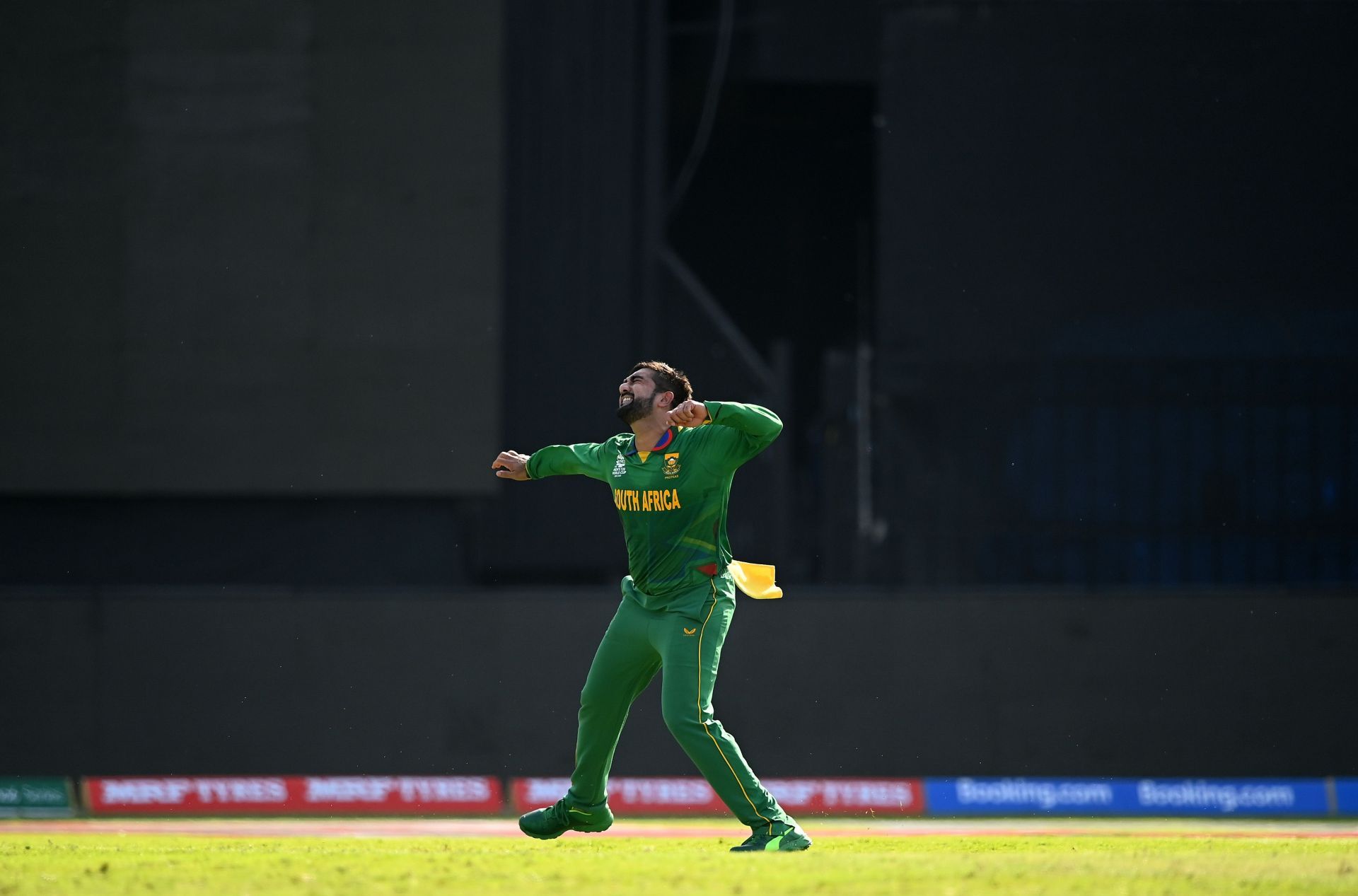 South African left-arm spinner Tabraiz Shamsi celebrates a wicket. Pic: Getty Images