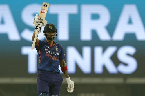 KL Rahul celebrates his half-century in the 2nd T20I against New Zealand (Credit: BCCI)