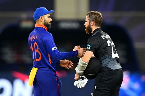 Virat Kohli interacts with Kane Williamson after the India-New Zealand clash. Pic: Getty Images