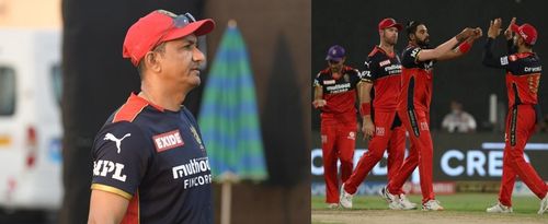 (Left) Sanjay Bangar. Pic: RCB; (Right) RCB players during IPL 2021. Pic: IPLT20.COM