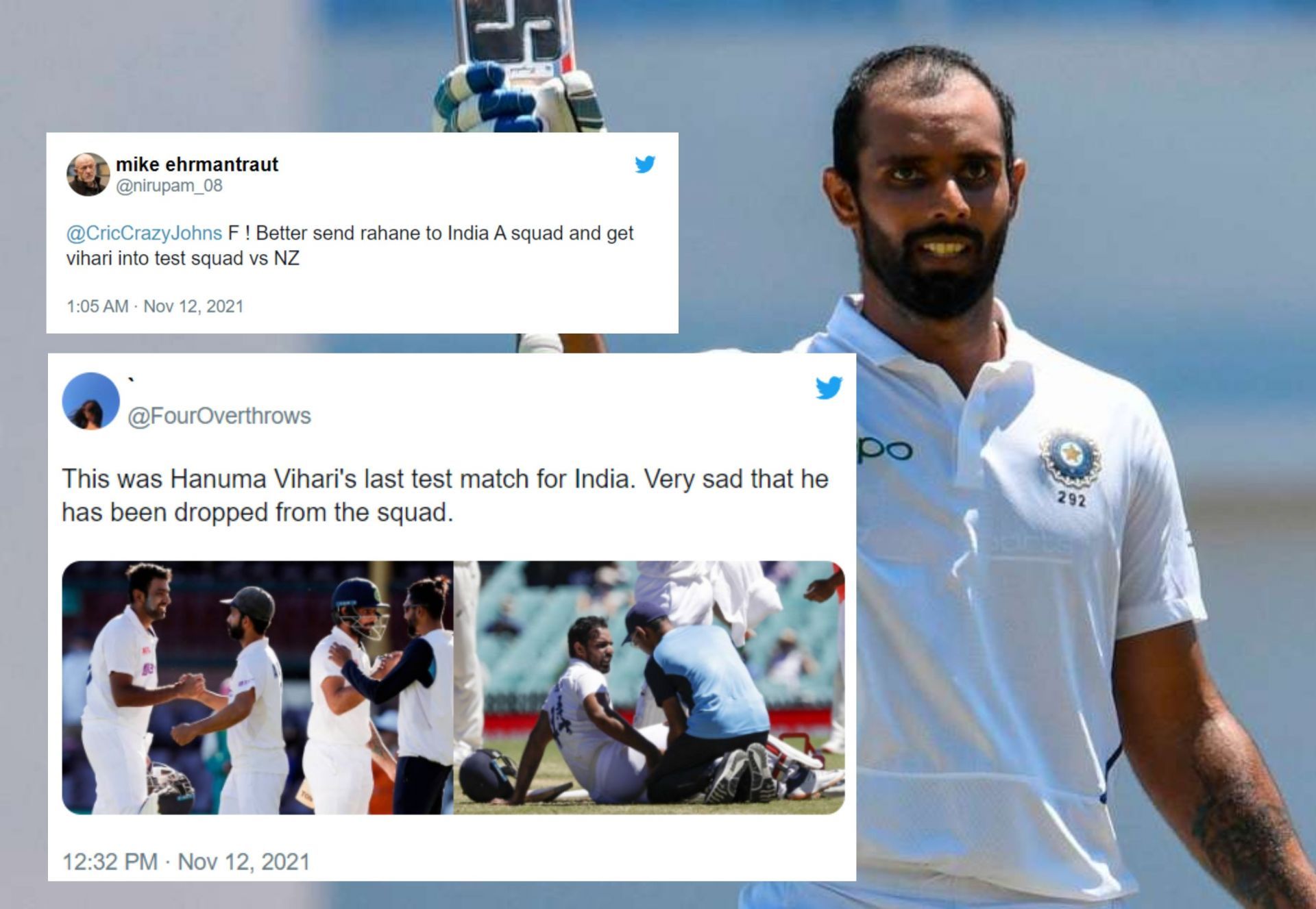 Fans slam selectors for dropping Hanuma Vihari for New Zealand Tests.