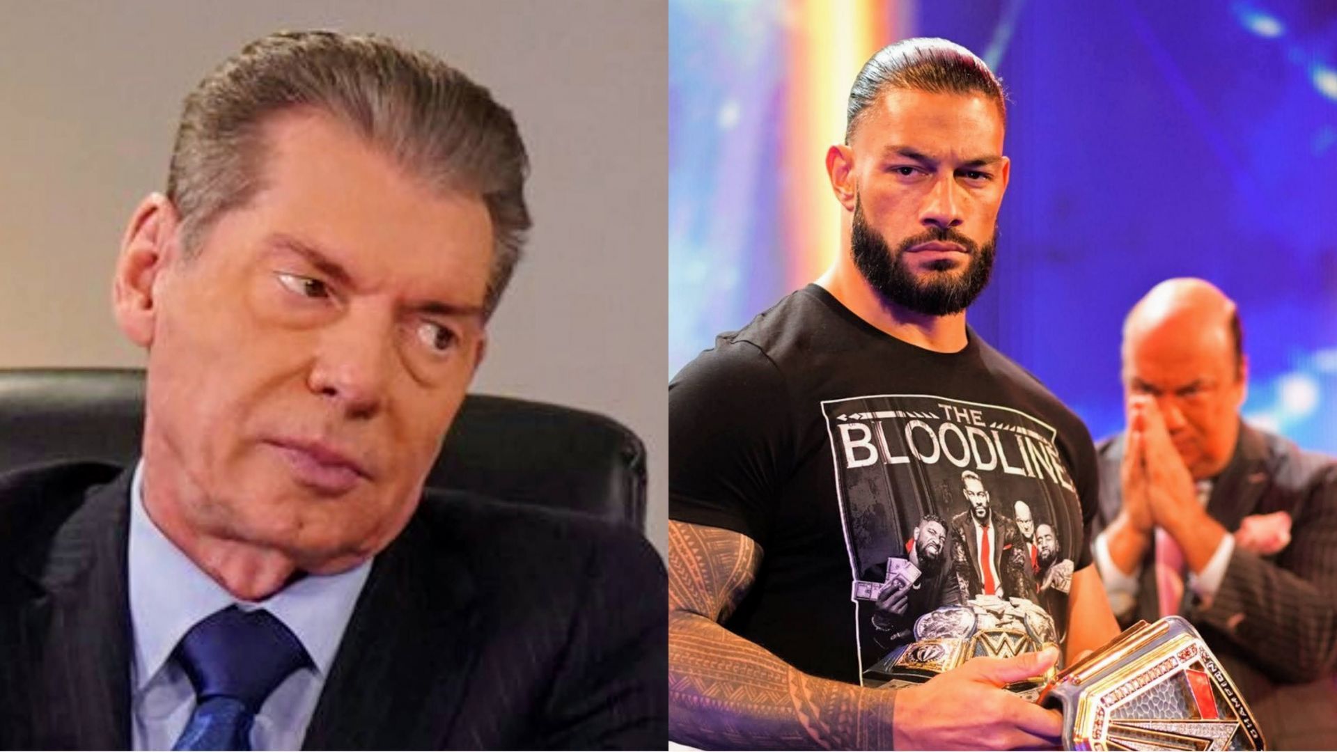 Vince McMahon (left); Roman Reigns and Paul Heyman (right)