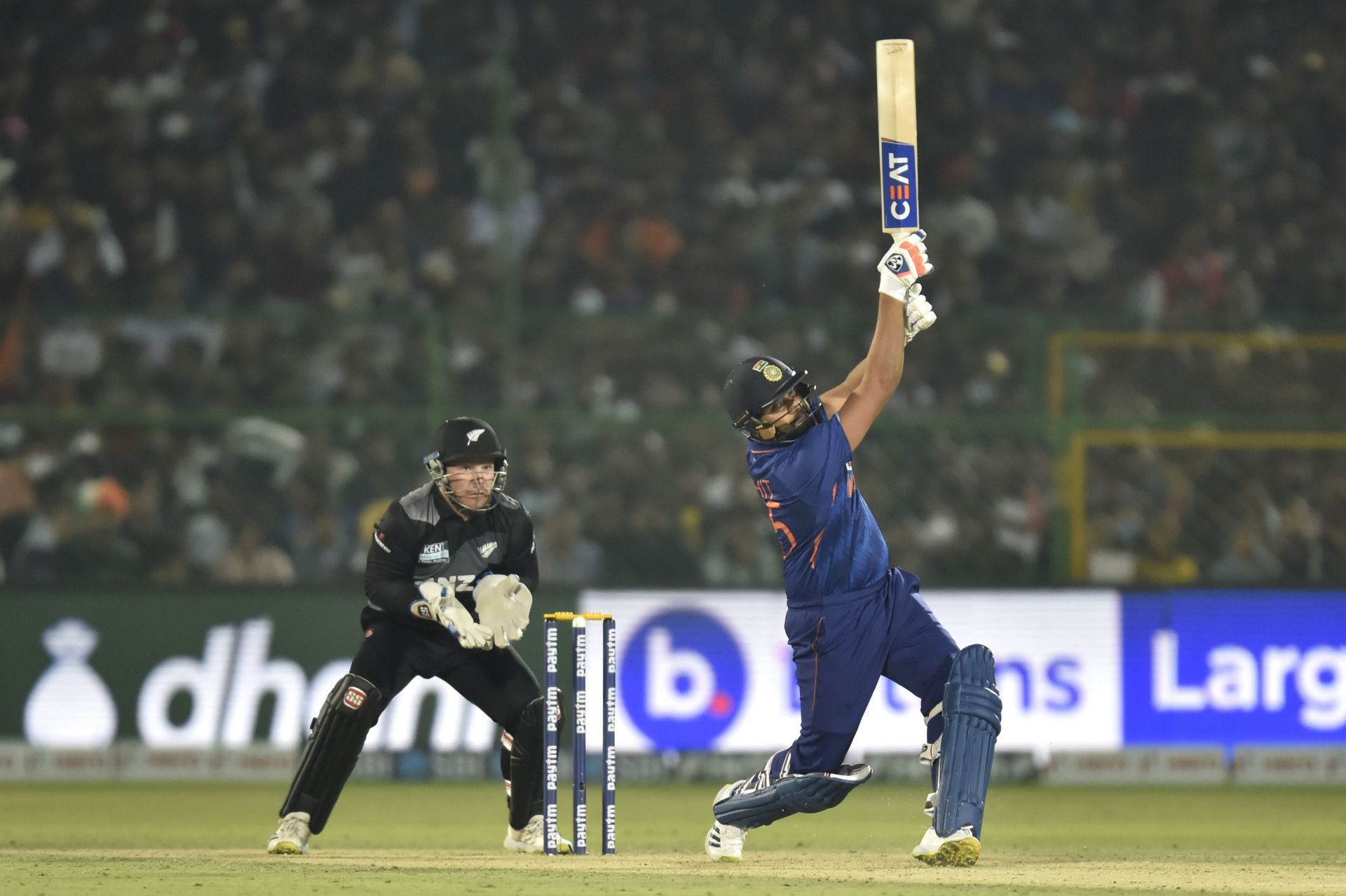 Rohit Sharma plays a stroke during the first T20I. Pic: Getty Images