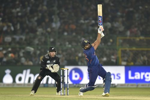 Rohit Sharma plays a stroke during the first T20I. Pic: Getty Images