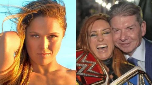 Ronda Rousey (left); Becky Lynch and Vince McMahon (right)