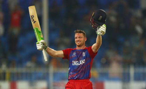 Jos Buttler celebrates after scoring a phenomenal hundred