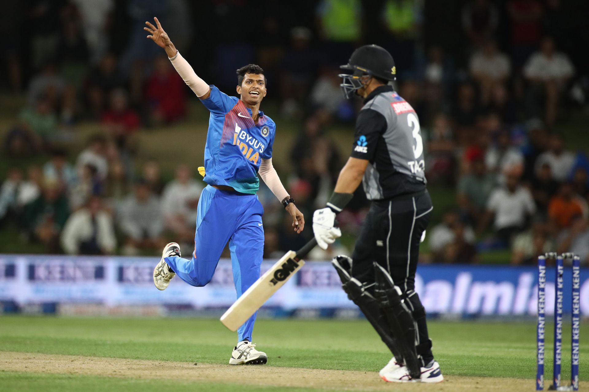 Navdeep Saini celebrating a wicket in New Zealand v India - T20: Game 5