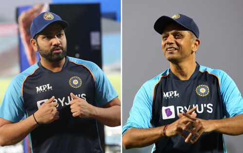 Rohit Sharma (L) and Rahul Dravid. (Image source: BCCI/Twitter)