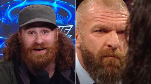 Sami Zayn (left); Triple H and Seth Rollins (right)