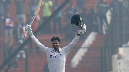 Shreyas Iyer celebrates after scoring his debut century