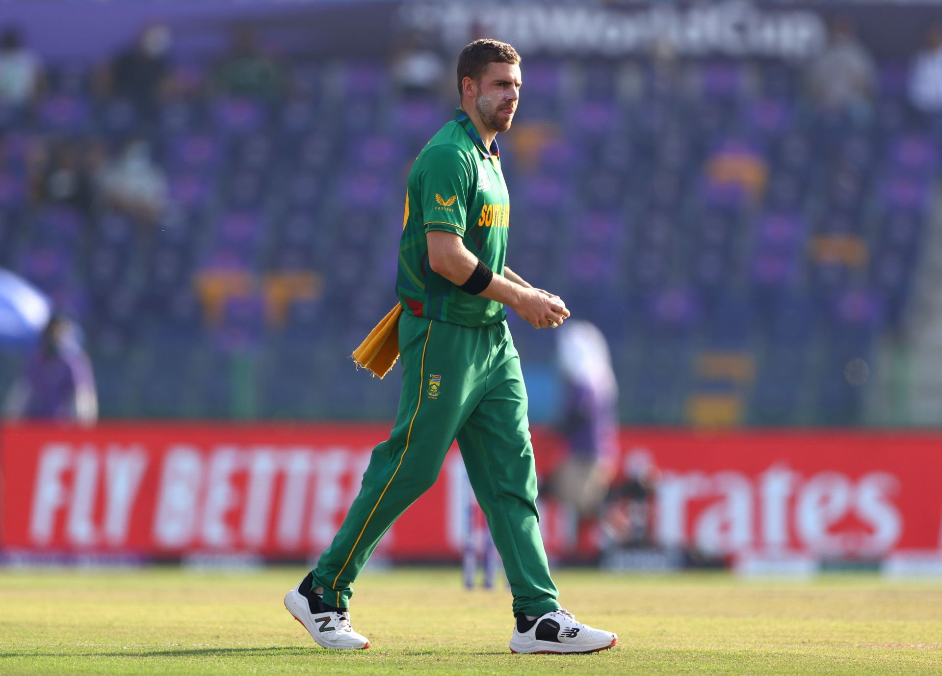 Anrich Nortje in action for South Africa at the T20 World Cup 2021.