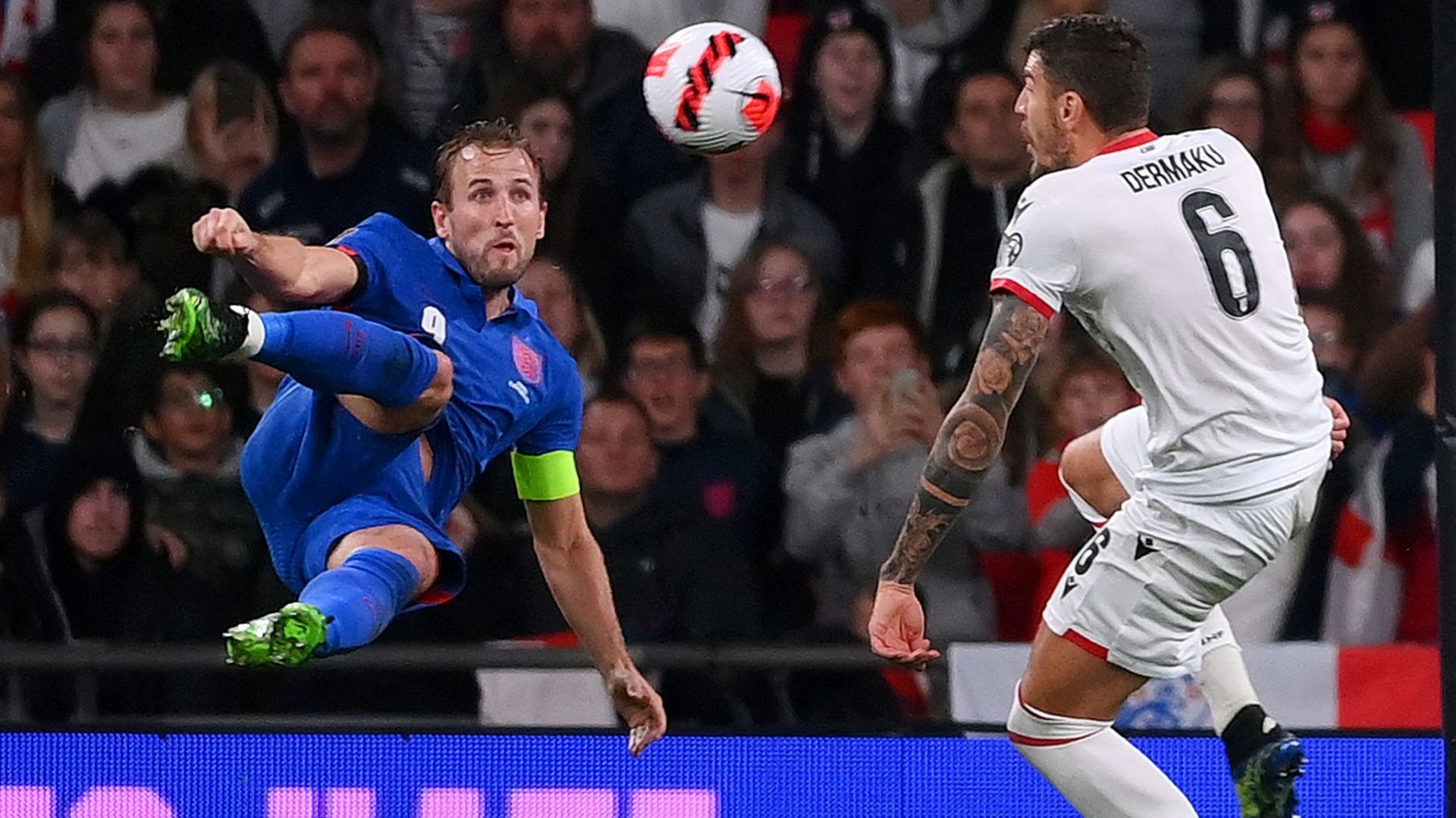 Harry Kane scored his hat-trick goal against Albania with a scissor kick.