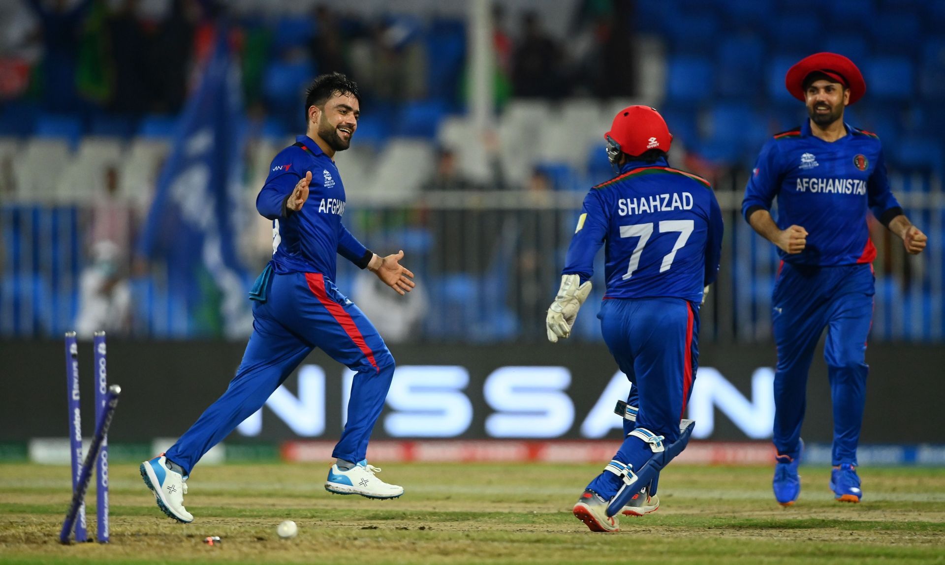 Rashid Khan celebrates a wicket with teammates. Pic: Getty Images