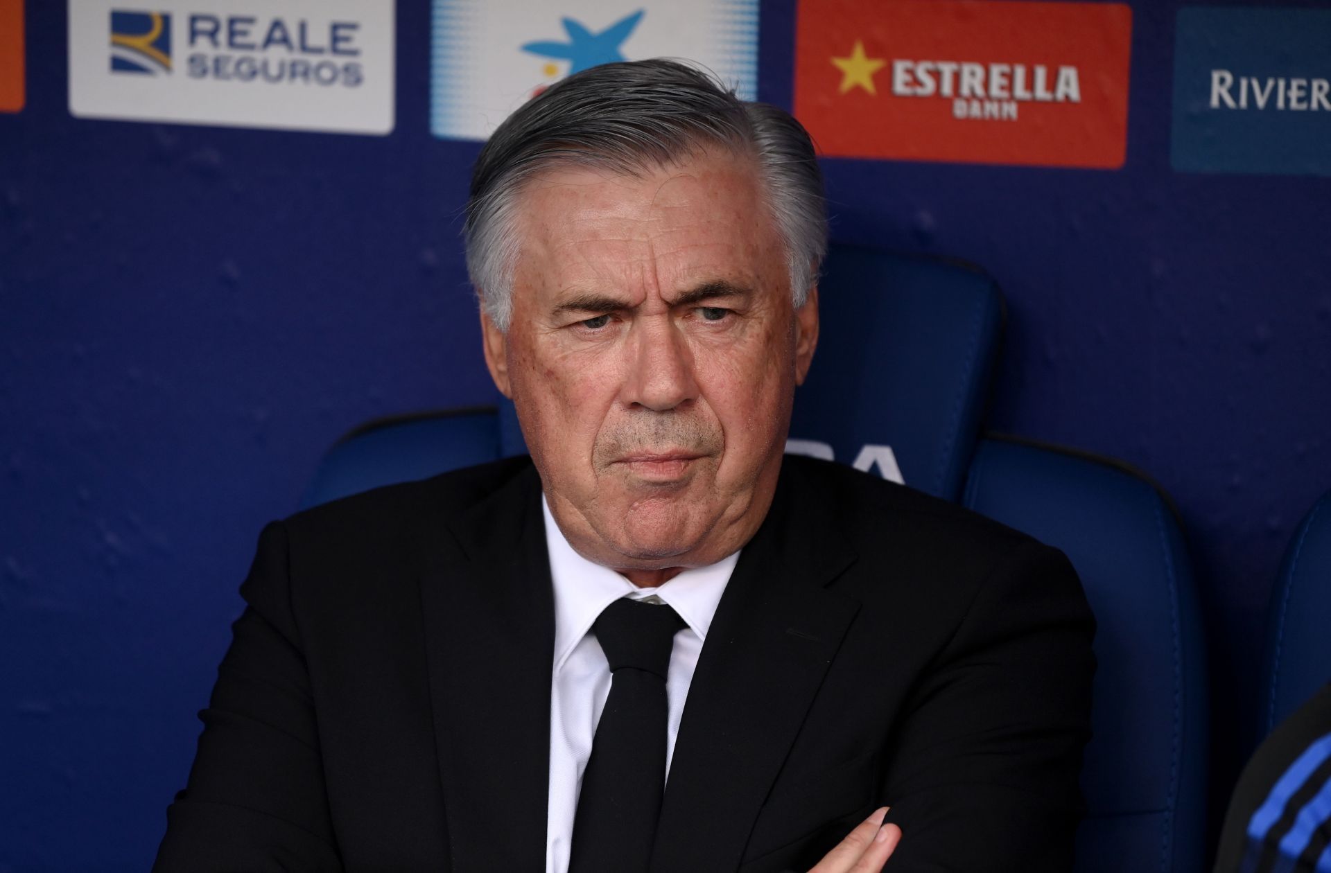 Real Madrid boss Carlo Ancelotti looks on during a La Liga game.