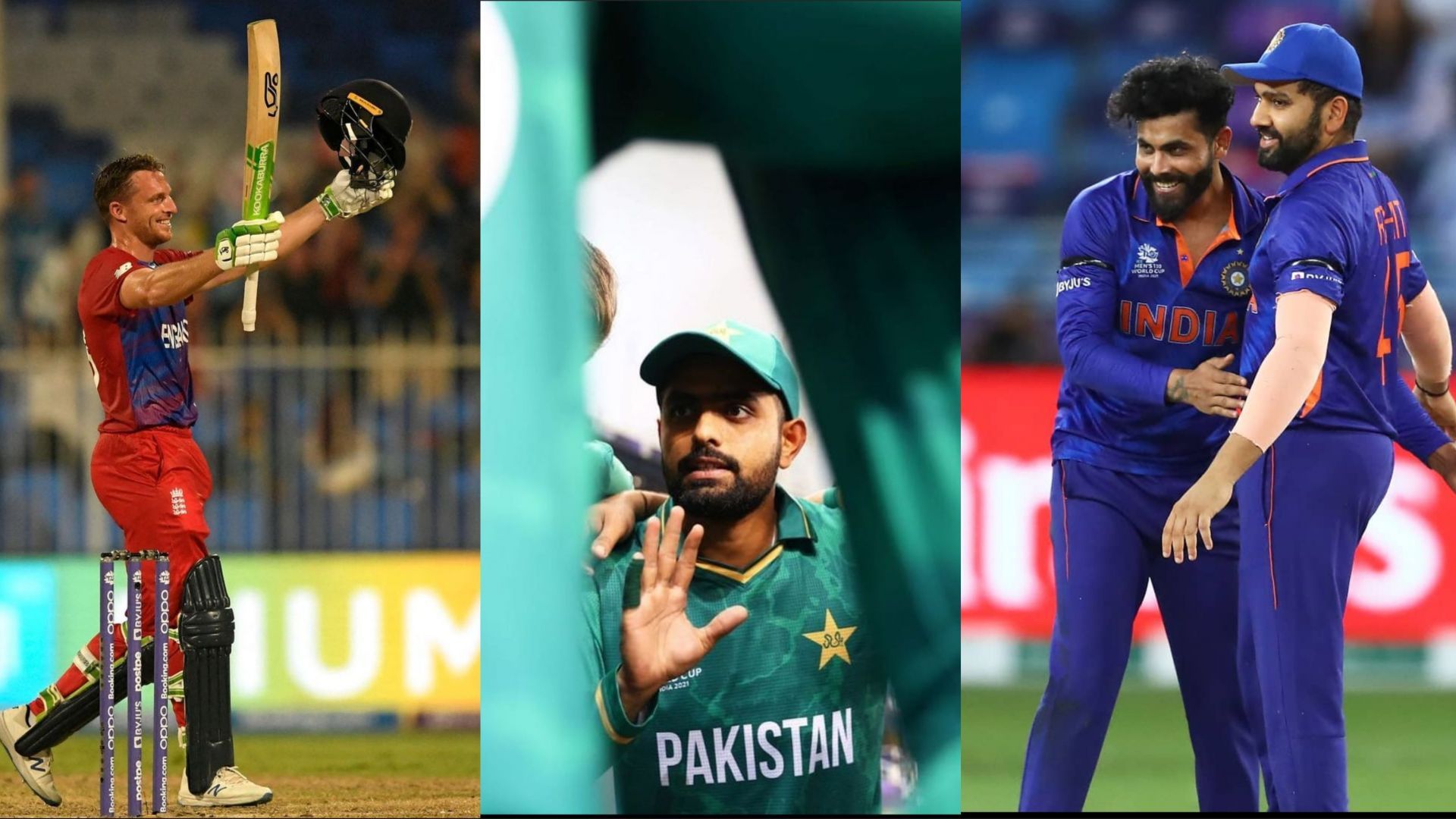 (L-R): Jos Buttler, Babar Azam and Ravindra Jadeja feature in the best playing XI of the ICC T20 World Cup 2021 Super 12 stage (Image Source: Instagram)