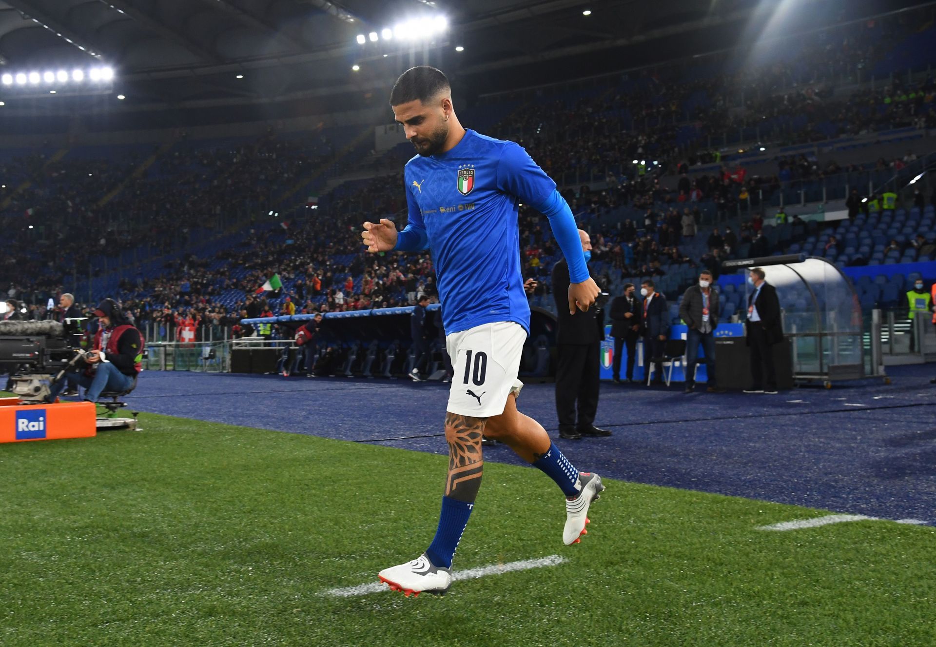 Lorenzo Insigne enters the field of play ahead of Italy&#039;s 2022 FIFA World Cup Qualifier against Switzerland.