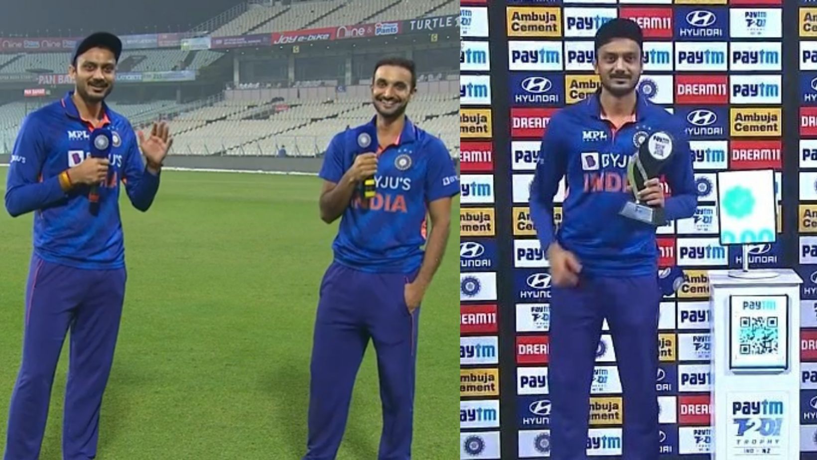 Axar Patel (L) and Harshal Patel celebrate their performances.