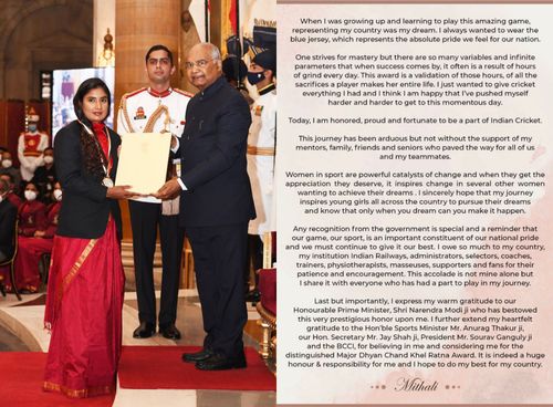 Mithali Raj pens an emotional note after receiving the prestigious Khel Ratna award