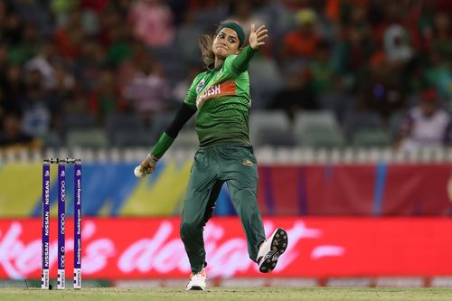 Jahanara Alam in action in the India vs Bangladesh - ICC Women's T20 Cricket World Cup game.