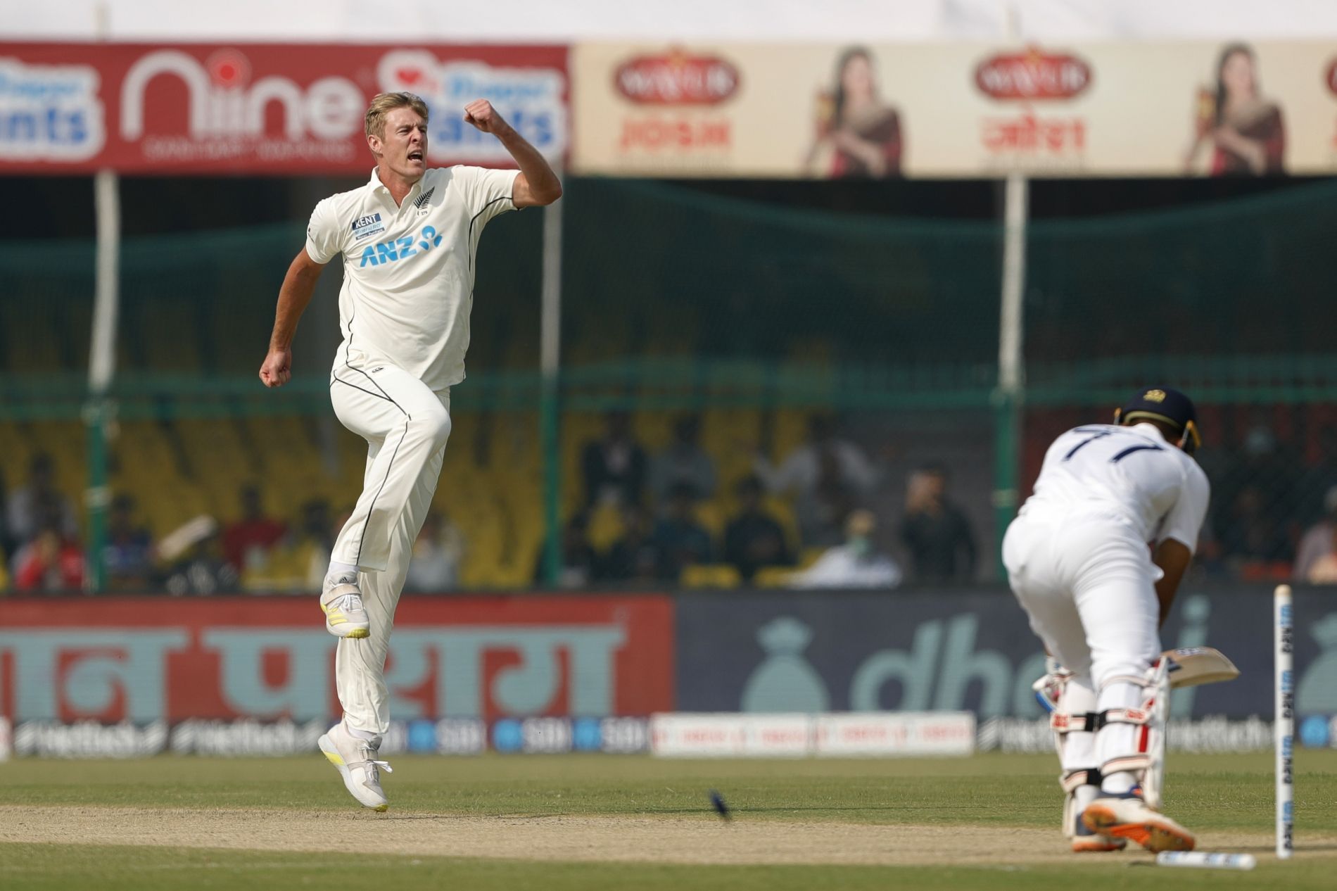 Kyle Jamieson is ecstatic are cleaning up Shubman Gill. Pic: Getty Images