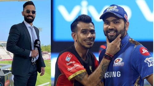 Dinesh Karthik (L) talks up Yuzvendra Chahal's relationship with Rohit Sharma.