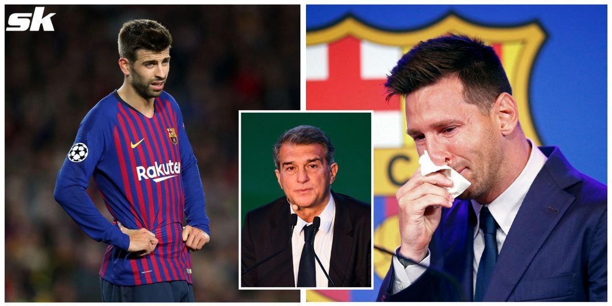 What Gerard Pique (L) controversially told Joan Laporta (inset) ahead of Lionel Messi&#039;s departure has allegedly been revealed