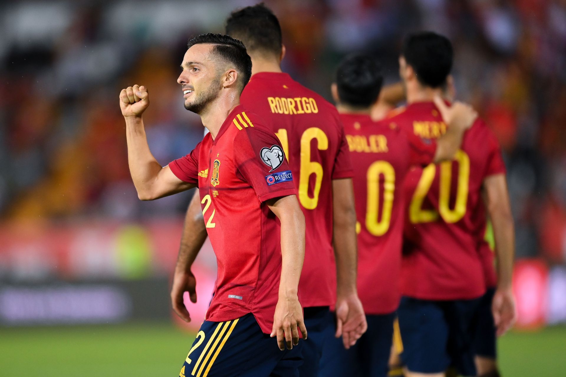 Greece vs Spain: Pablo Sarabia celebrates after scoring.