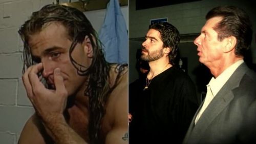 Shawn Michaels (left); Vince Russo and Vince McMahon (right)