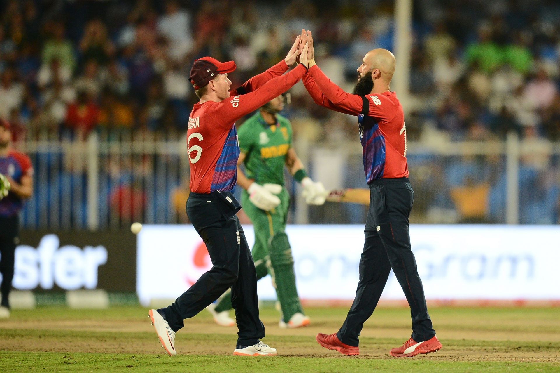 Moeen Ali (R) celebrates a wicket. Pic: Getty Images