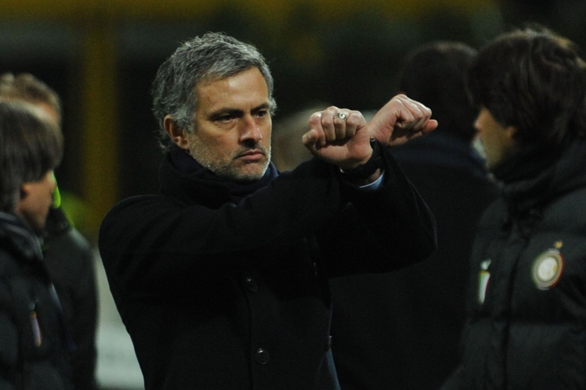 Jose Mourinho&#039;s infamous handcuff gesture while managing Inter Milan.