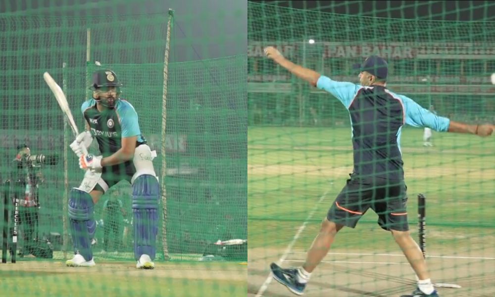 Rahul Dravid gives throw downs to India captain Rohit Sharma (Credit: BCCI Twitter)