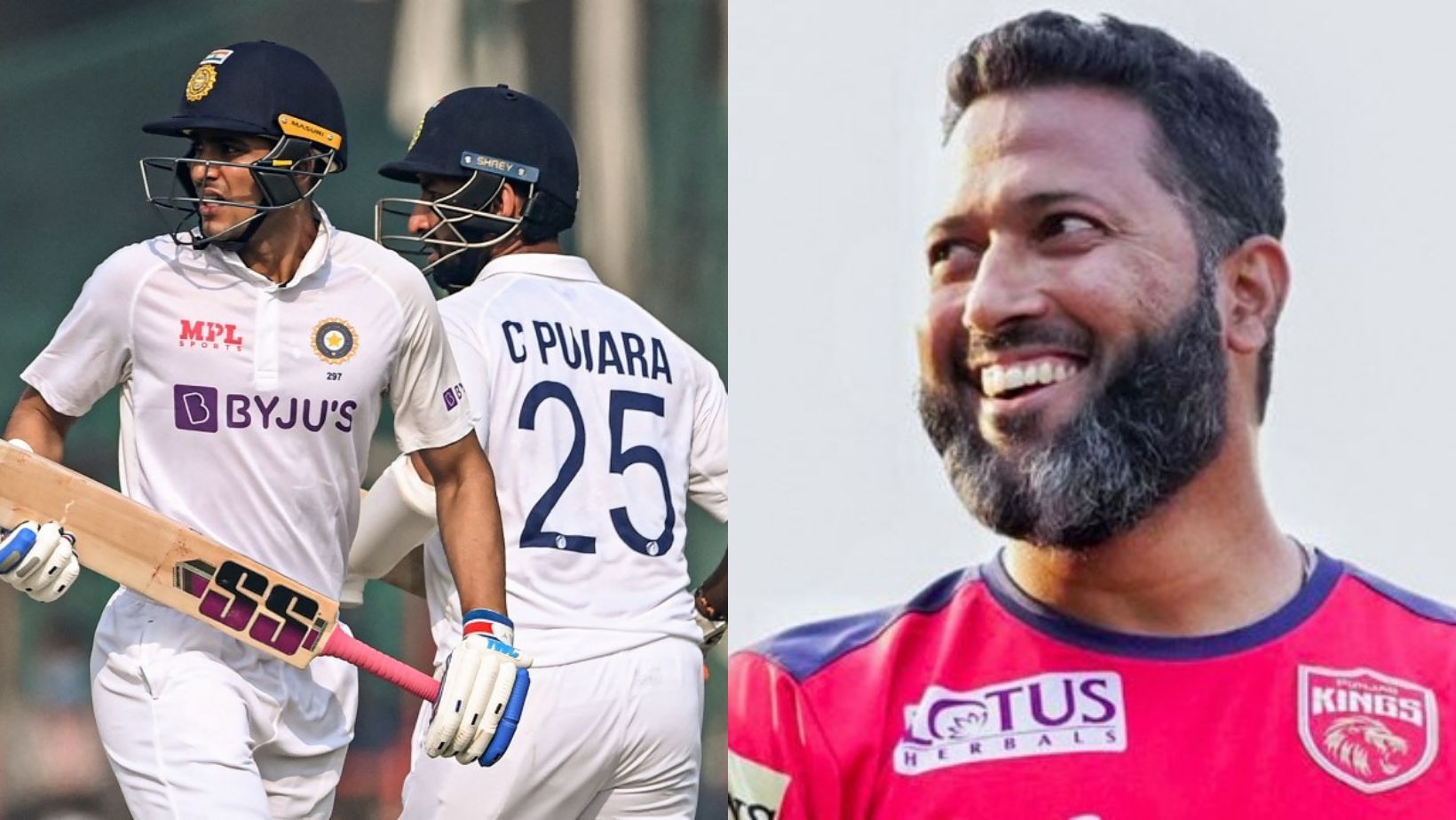 Indian batters Gill and Pujara (L) and Wasim Jaffer (R).