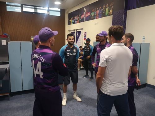 Virat Kohli and other Indian cricketers visited Scotland's dressing room after the game (Credit: Twitter)