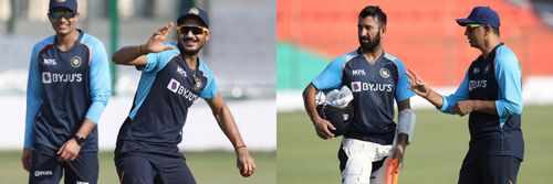 (Left) Shubman Gill and Axar Patel; (Right) Cheteshwar Pujara and Rahul Dravid during Team India’s practice session. Pic: BCCI