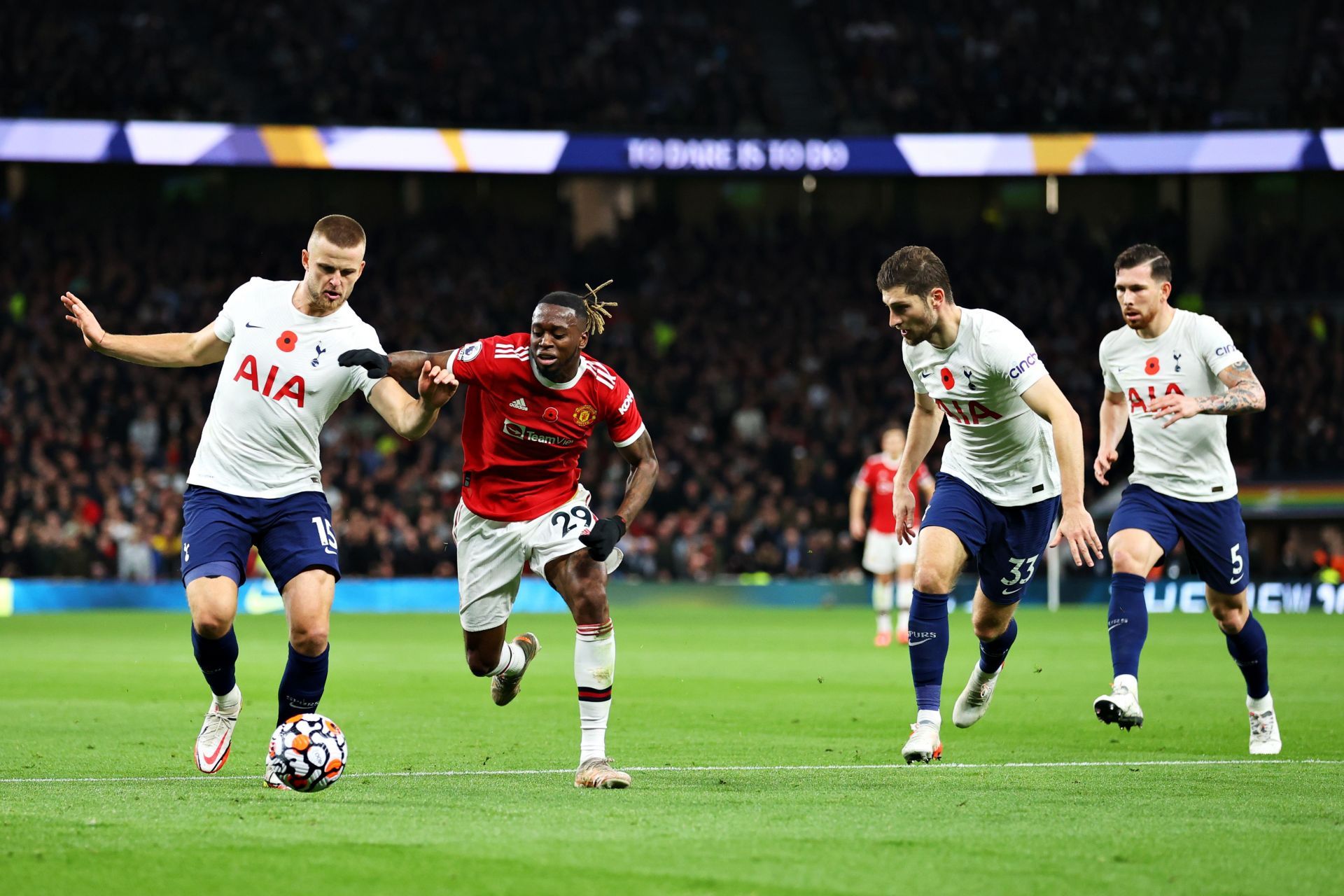 Manchester United&#039;s Aaron Wan-Bissaka (#29) in action against Tottenham Hotspur