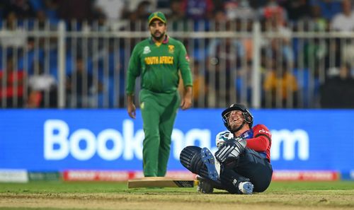 Jason Roy of England reacts prior to retiring hurt during the team’s match against South Africa. Pic: Getty Images