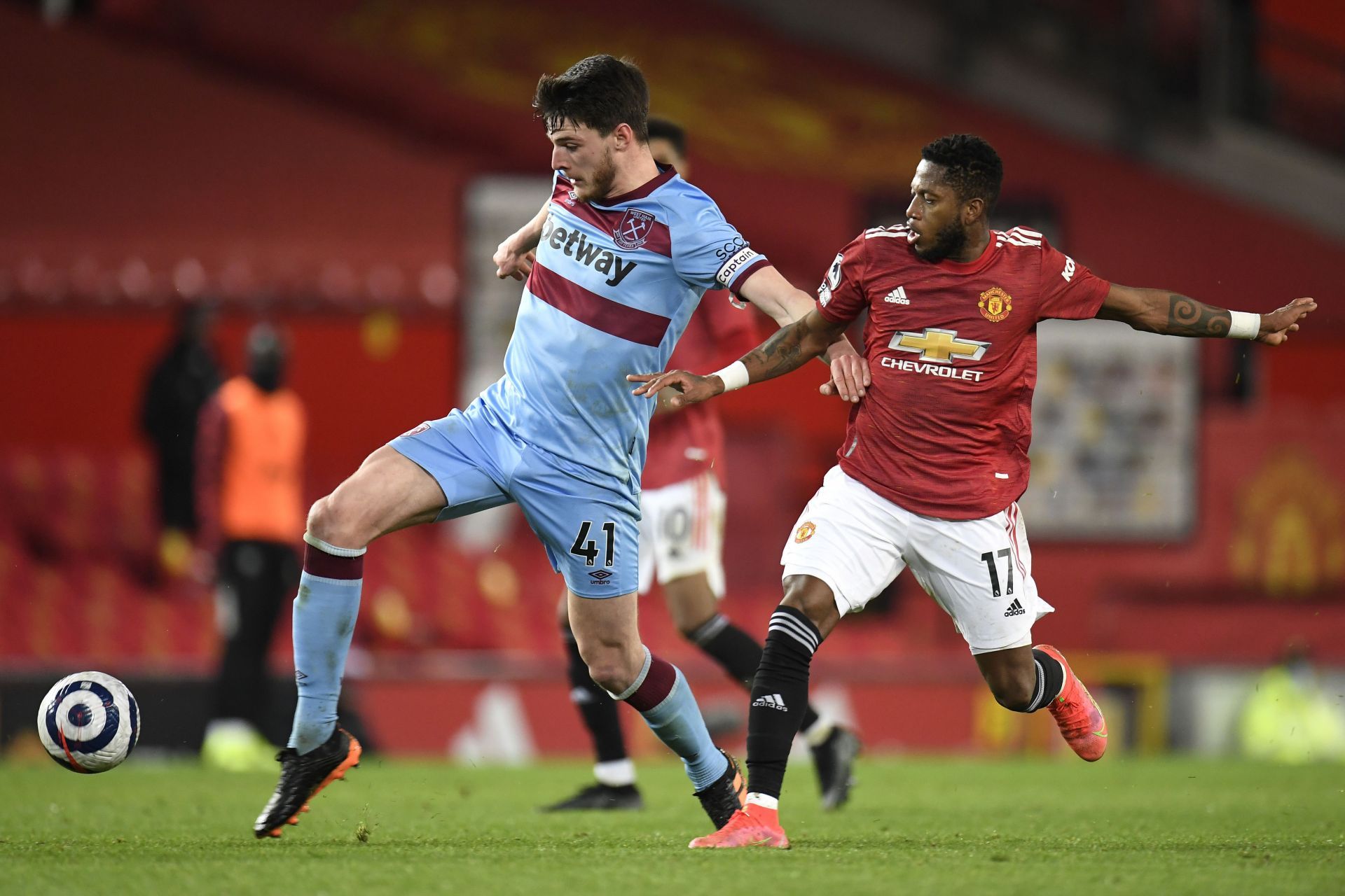 West Ham United's Declan Rice battles Manchester United's Fred