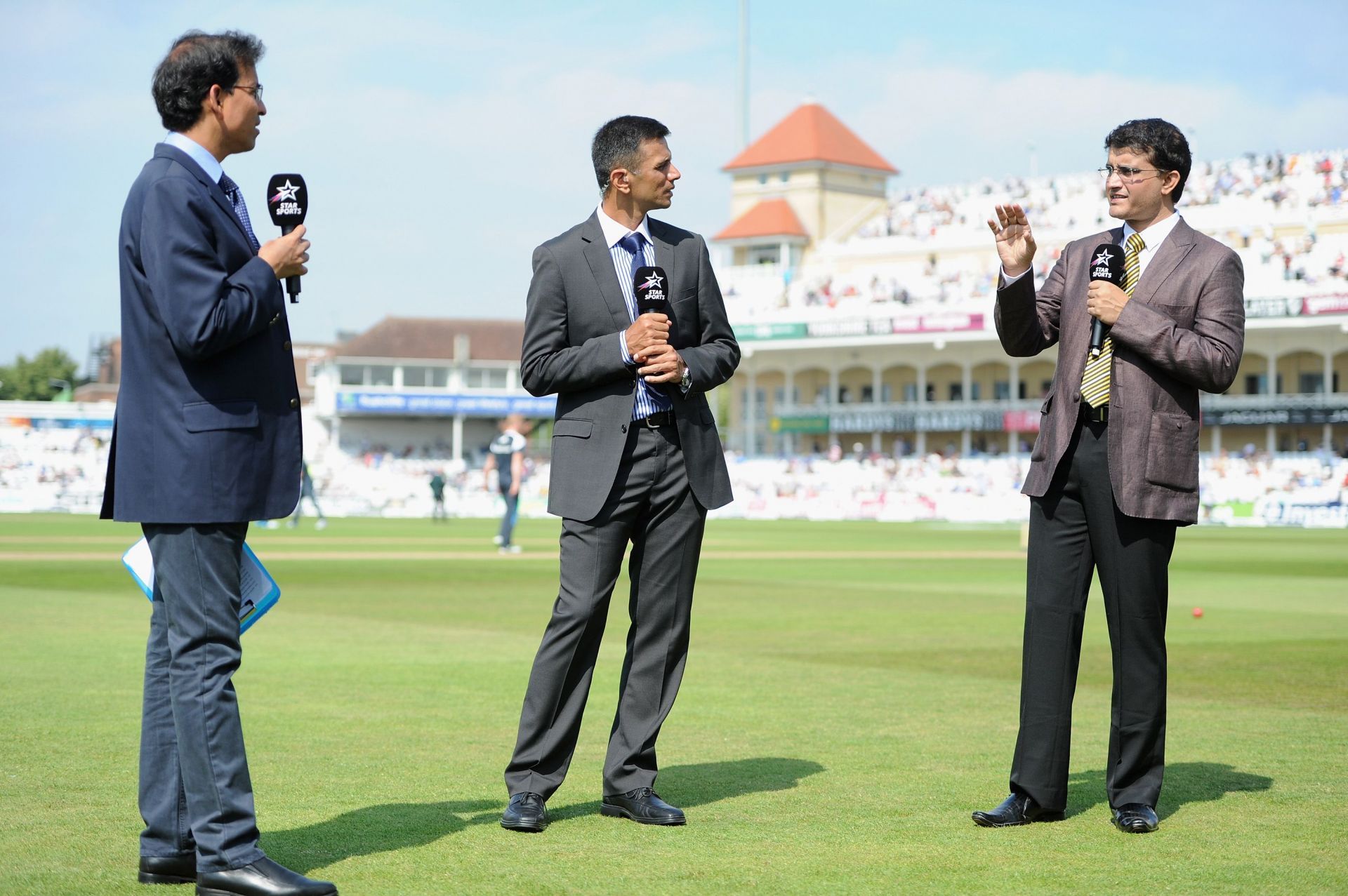 Rahul Dravid (middle) and Sourav Ganguly (right) during a commentary stint. Pic: Getty Images