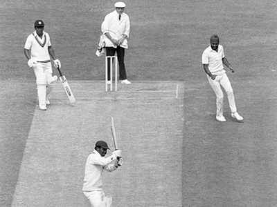 Clean bowled: A clueless Gordon Greenidge is left undone by Sandhu&#039;s &#039;banana skin delivery&#039;. (Image Courtesy: Getty Images)