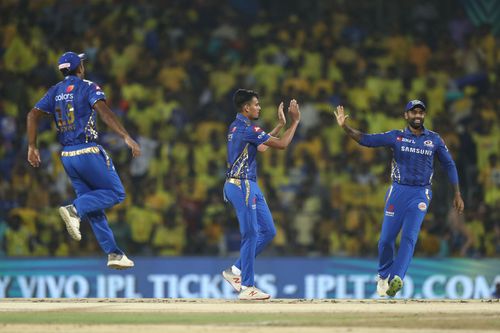 Rahul Chahar (centre) celebrates a scalp during the 2019 IPL season