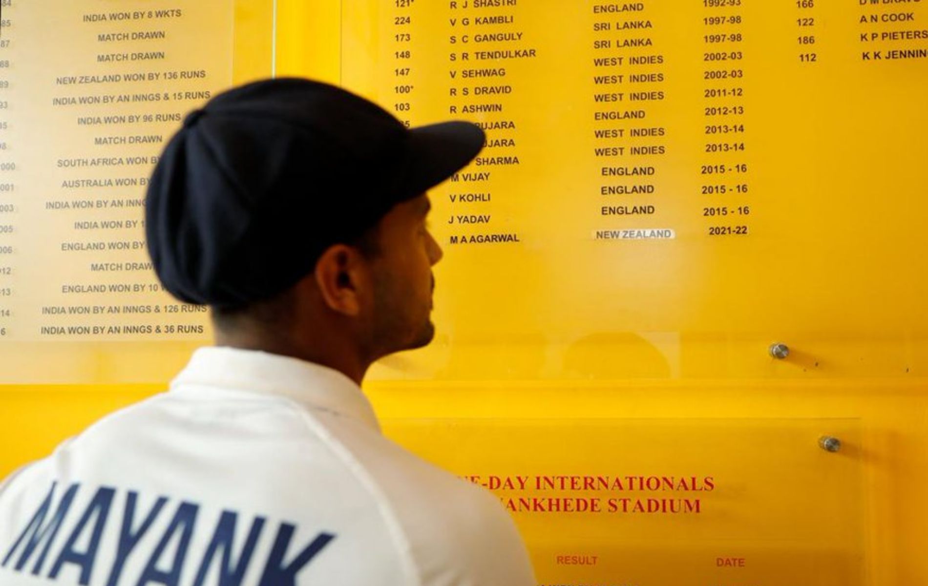Mayank Agarwal had his name inscribed on the Wankhede Honours Board for his 150 against New Zealand.