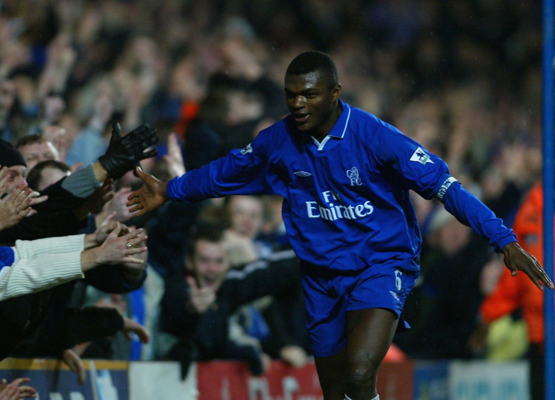 Desailly celebrates his goal in the Chelsea outfit in 2002