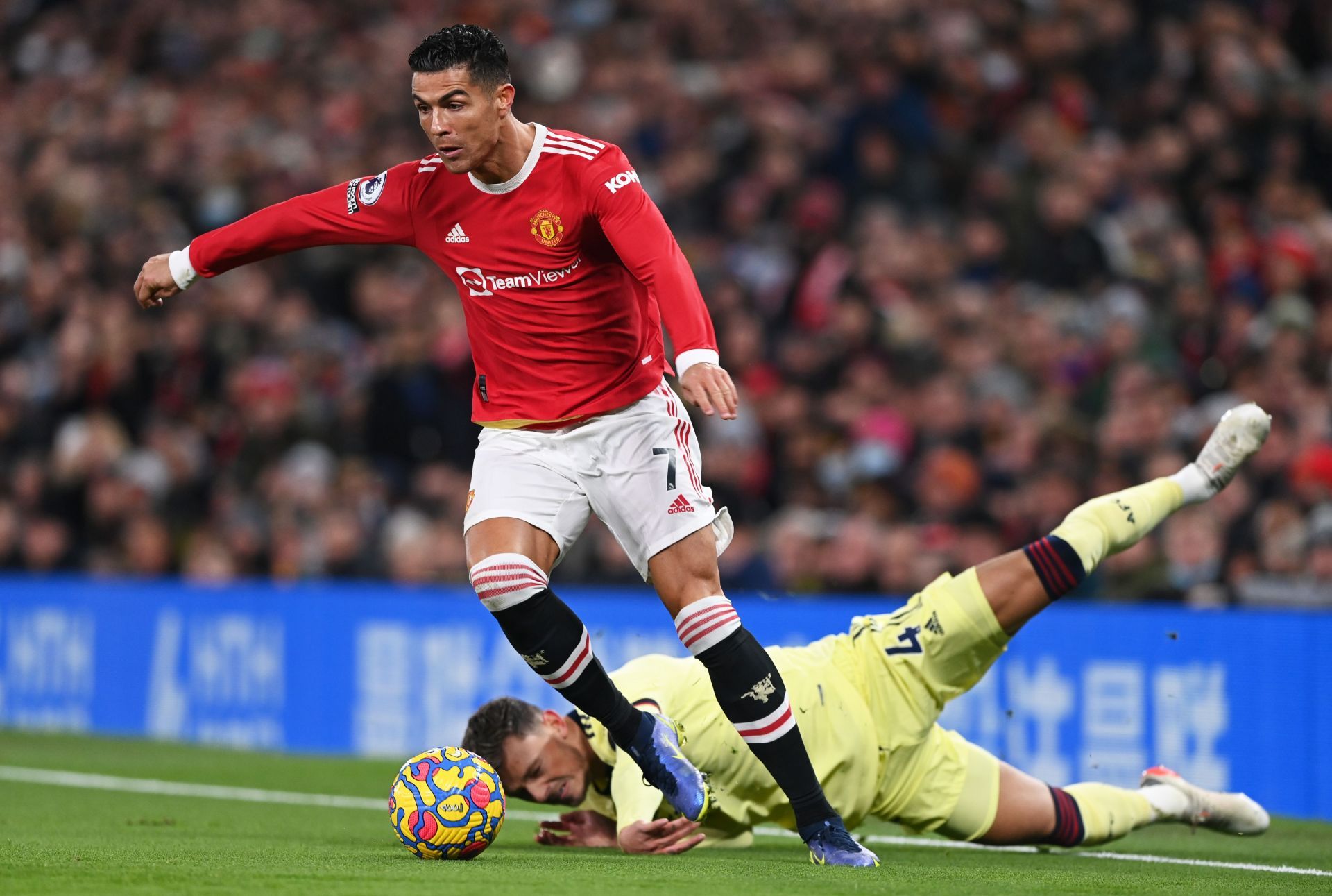 Cristiano Ronaldo in action for Manchester United in the Premier League.