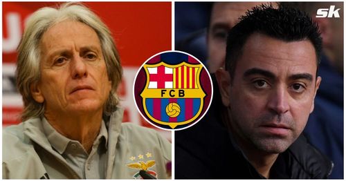 Benfica manager Jorge Jesus (L) and Barcelona boss Xavi Hernandez.