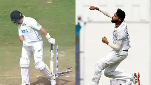 Ross Taylor's disturbed stumps (L) and Mohammed Siraj's flying celebration (R)