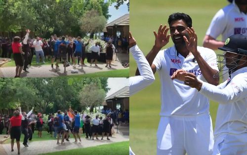 (Left) Ravichandran Ashwin dancing with Cheteshwar Pujara and Mohammed Siraj; (Right) Ashwin celebrates a wicket. Pic: Getty Images